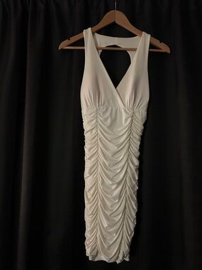 Ruched Cream V-Neck Bodycon Dress